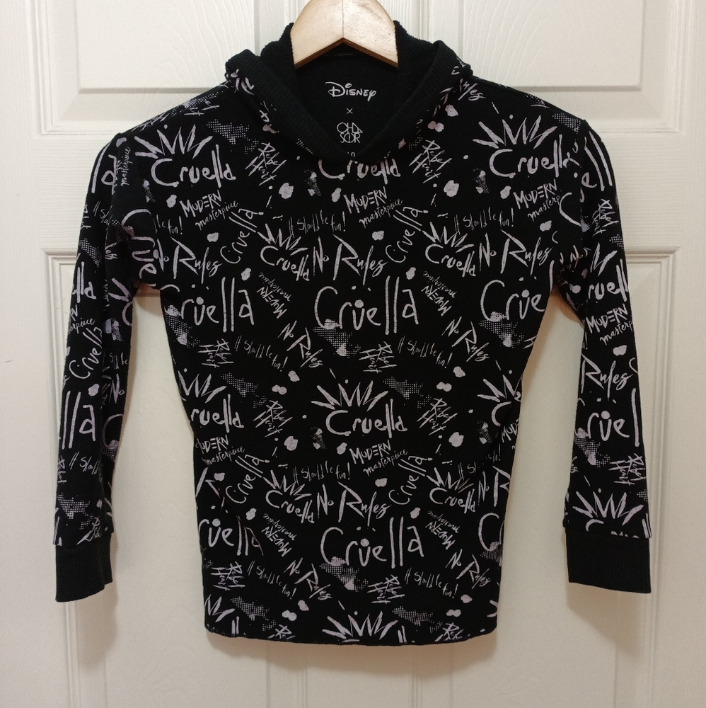 Girls Disney X Cha Sor Collab Cruella All Over Print Fleece Inside Hooded Sz 10